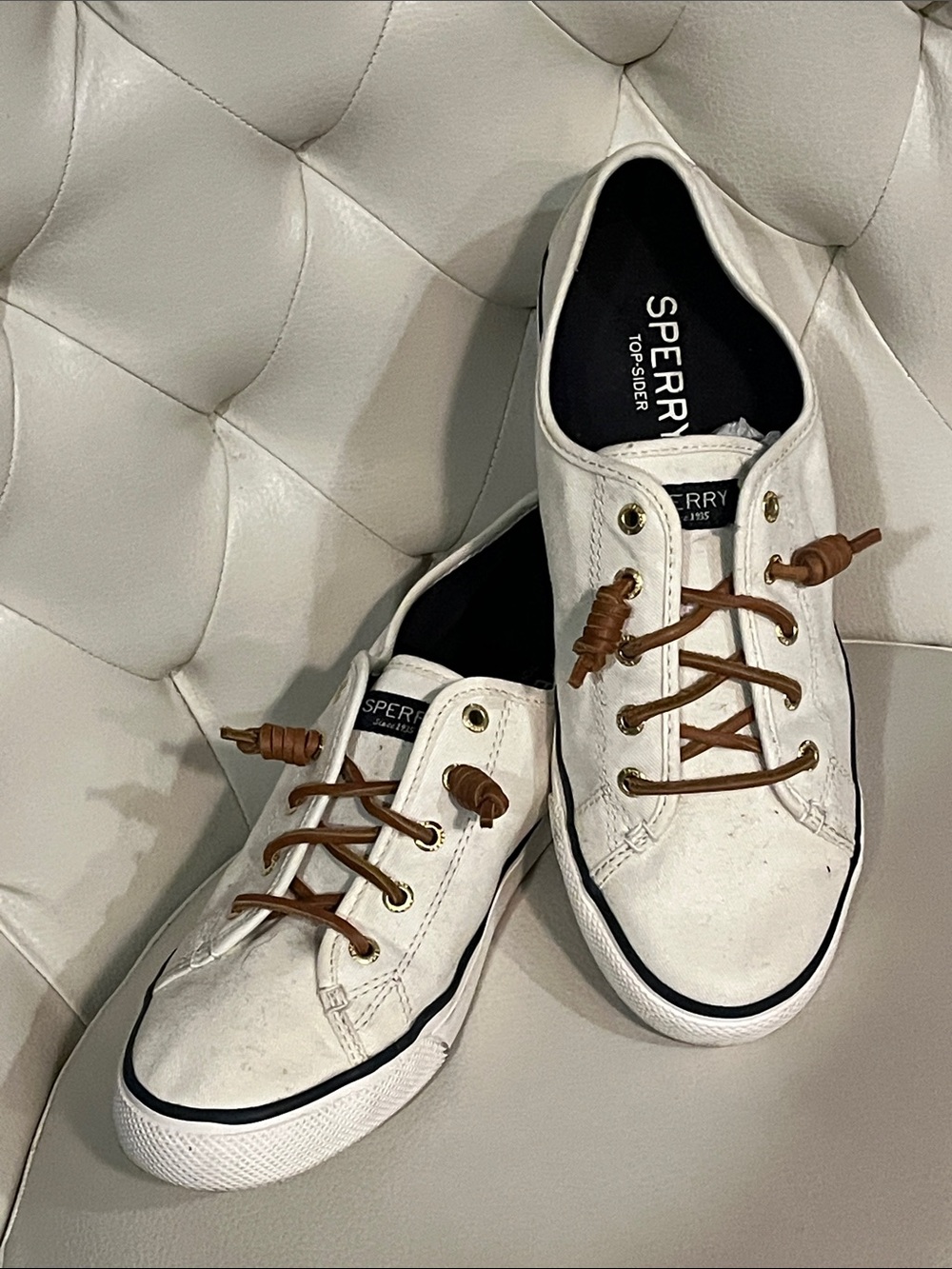 Sperry White Canvas Boat Shoes with Brown Laces